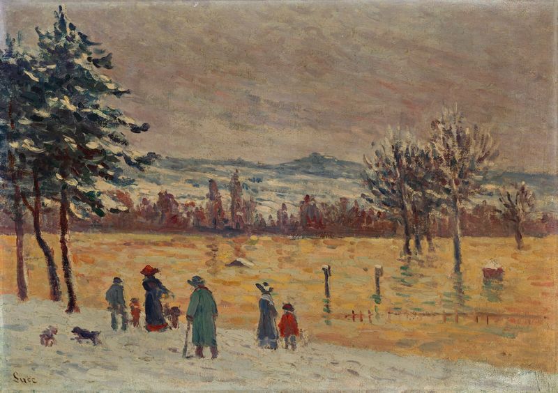 L’Inondation à Longchamp de Maximilien Luce, óleo sobre lienzo que representa un paisaje fluvial tranquilo.