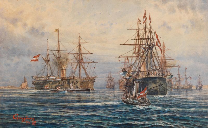 Retrato histórico do Imperador Francisco José I em uniforme a bordo de um navio por György Greguss