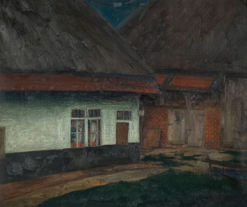 Farm Court Yard de Valerius De Saedeleer, realismo, que representa un patio rural con luz solar.