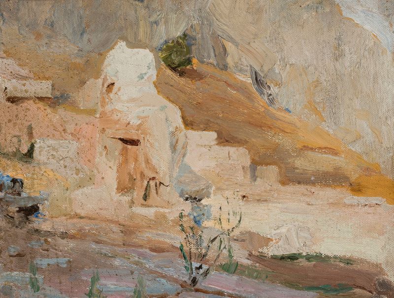 Delphi. Desde el viaje a Grecia de Jan Ciągliński, pintura al óleo que muestra colinas crepusculares y ruinas antiguas.