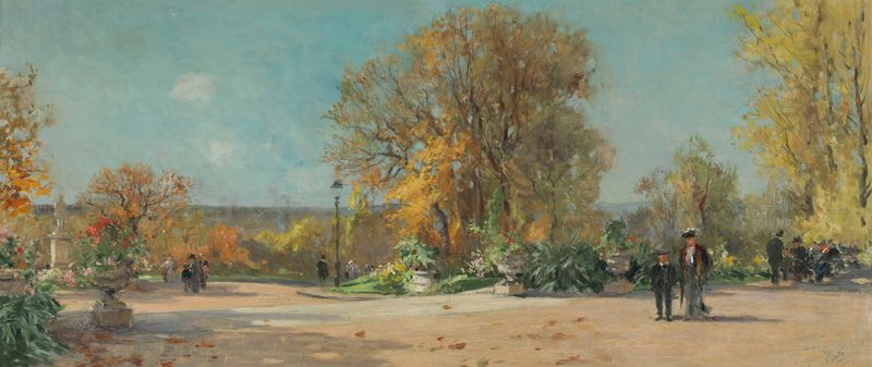 Escena de género que muestra estudiantes en una terraza, pintura al óleo de Pierre Vauthier