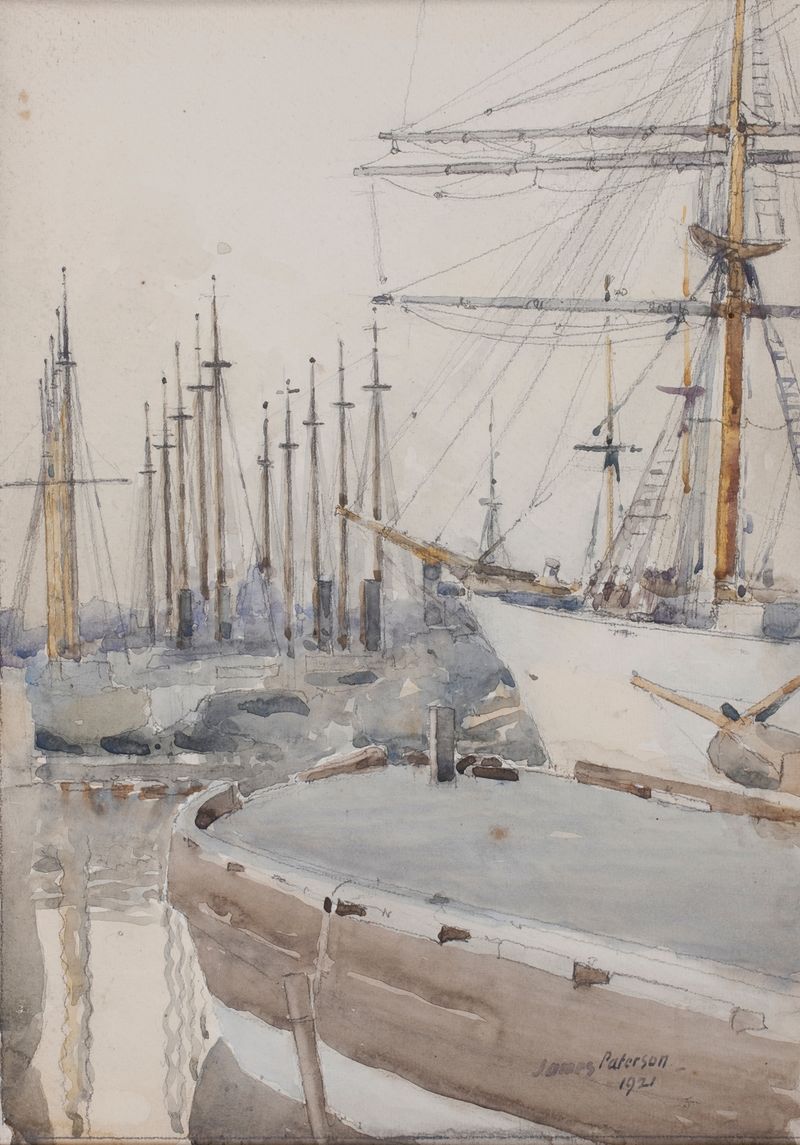 Pintura a óleo de uma cena de porto por James Paterson, com tons suaves de céu e água.
