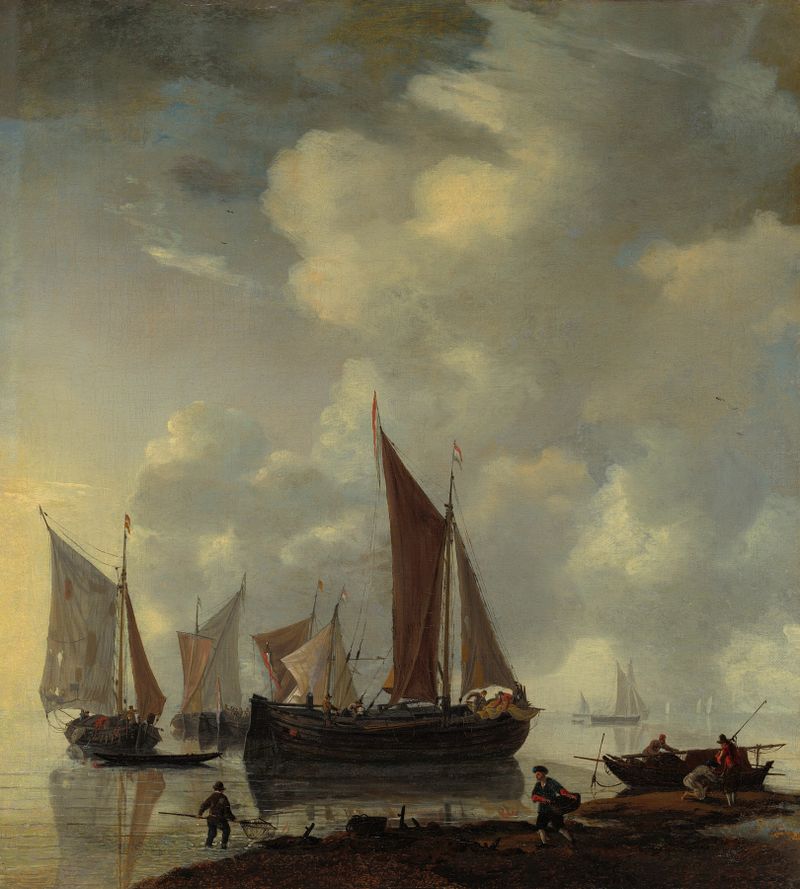 Coast Scene de Reinier Nooms, óleo sobre tela, retratando ondas tumultuosas e um veleiro ao longe