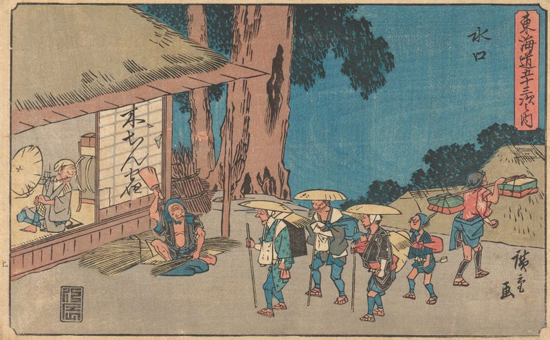 Grabado en madera de Utagawa Hiroshige que representa un paisaje de río tranquilo al amanecer.