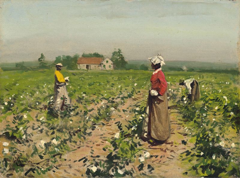 Picking Cotton de William Gilbert Gaul, óleo sobre lienzo mostrando trabajadores en luz dorada.