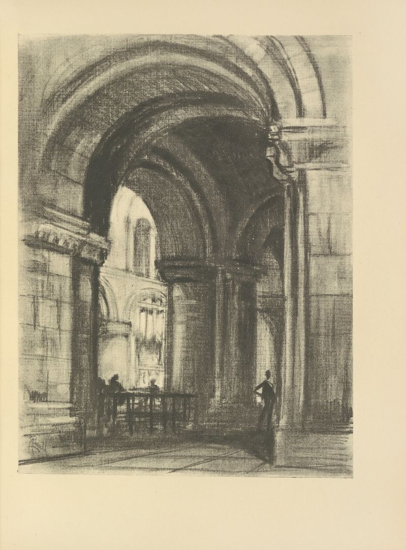 Grabado de Founder’s Tomb de Joseph Pennell, mostrando texturas de piedra detalladas
