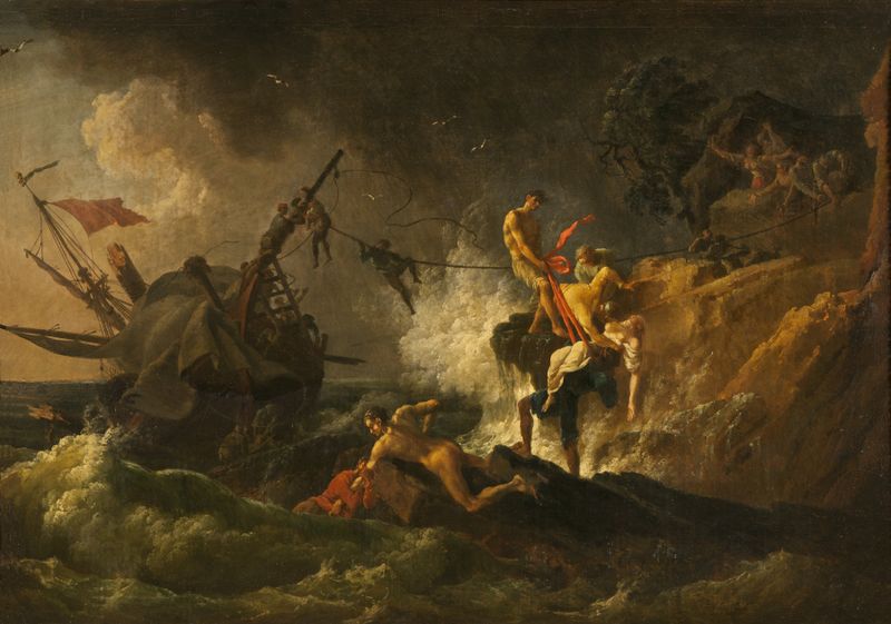 Shipwreck de Pierre-Jacques Volaire, óleo sobre lienzo que representa un naufragio en aguas turbulentas.