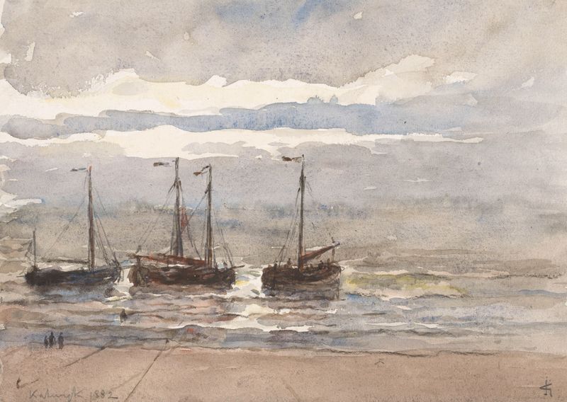 Marine scene with ships on the beach by Carel Nicolaas Storm van 's-Gravesande, oil painting