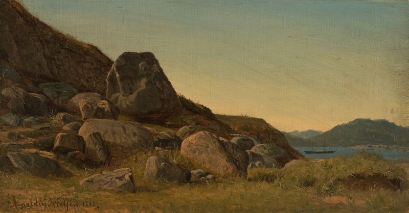 Sørlandsk landskap de Amaldus Nielsen, pintura a óleo que retrata uma paisagem costeira tranquila