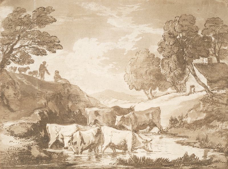 Wooded landscape with cows at a watering place, oil painting by Thomas Gainsborough