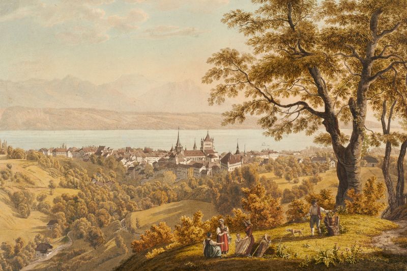 Paisaje de Lausana, óleo sobre lienzo de Johann Jakob Biedermann