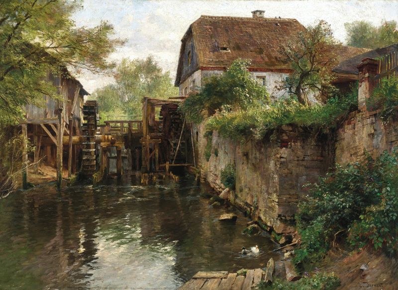 A Mill by a Creek, oil painting by Hugo Darnaut, depicting a mill beside a creek.