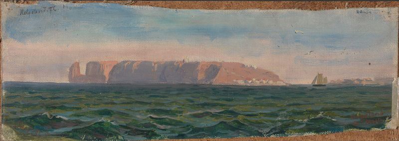Off Heligoland de Frederik Collett, óleo sobre tela retratando uma cena marinha serena com ondas e luz.