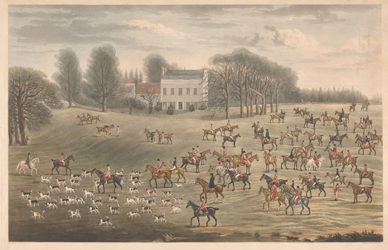 Fox hunt scene with horsemen in vibrant colors, oil painting by Thomas Smith