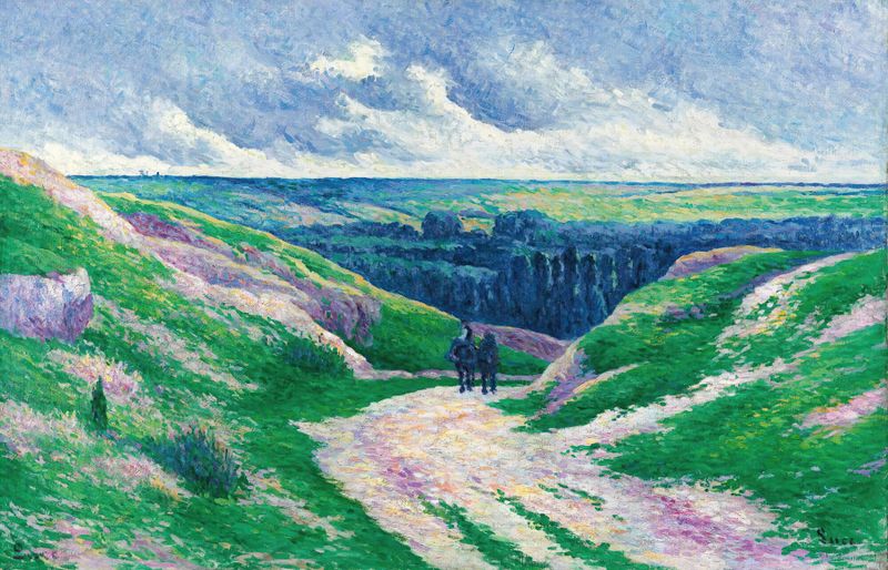 Pintura a óleo de paisagem de Maximilien Luce com vegetação vibrante e luz solar.