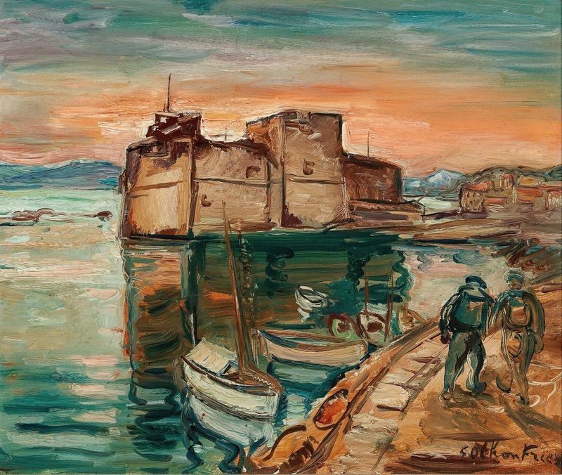Marine scene by Emile Othon Friesz, oil on canvas, featuring vibrant waves and azure sea.