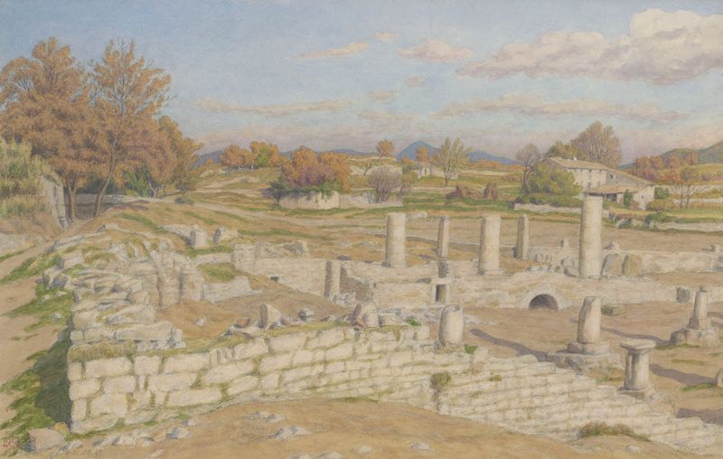 Acuarela de Henri Rivière que representa ruinas y columnas en Vaison