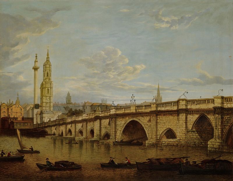 View of Blackfriars Bridge, oil on canvas by John Paul, depicting a river, boats, and clouds.