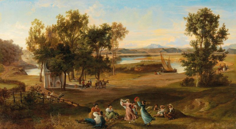Idyllic southern landscape by Josef Hoffmann, oil painting depicting lush greenery and a warm sunset.