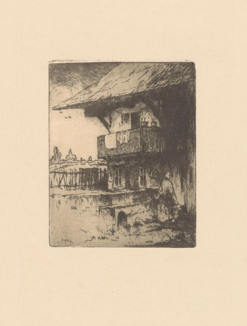Huis met balkon in Zwitserland de Willem Adrianus Grondhout, pintura a óleo que retrata uma casa com varanda e folhagem ao...