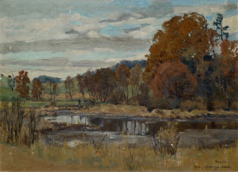 Landscape near Hauptwil by Carl Theodor Meyer-Basel, oil painting depicting rolling hills and a vibrant sky.