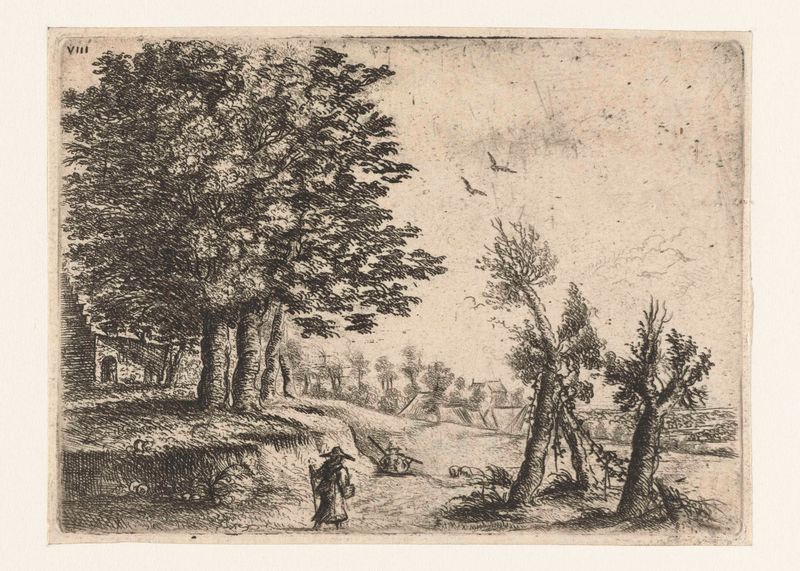 Landscape with a woman and a flute-playing shepherd, etching by Philips Augustijn Immenraet