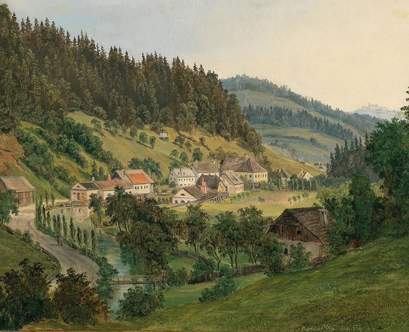 A View of Waidhofen an der Ybbs, oil painting by Ludwig Halauska, depicting a village landscape.
