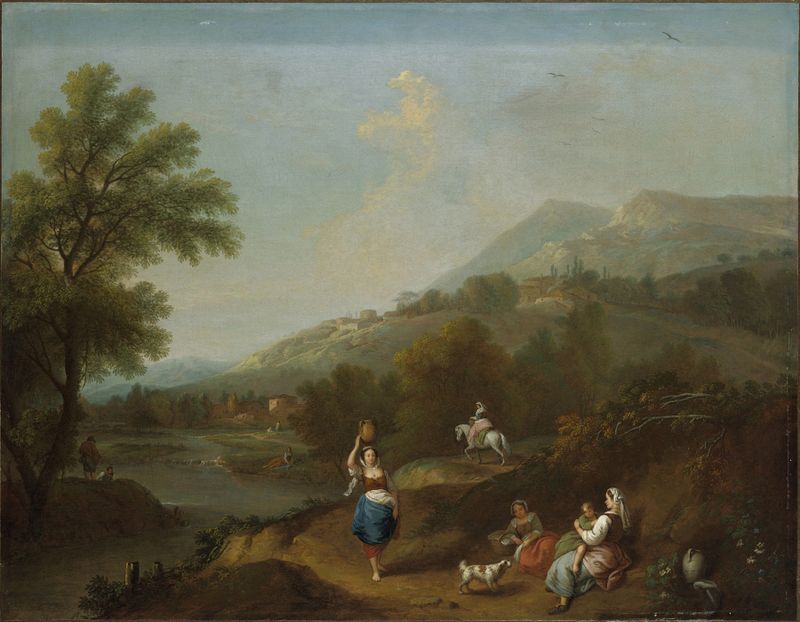 Idyllic River Landscape with Figures by Francesco Zuccarelli, depicting a serene river and figures, oil painting