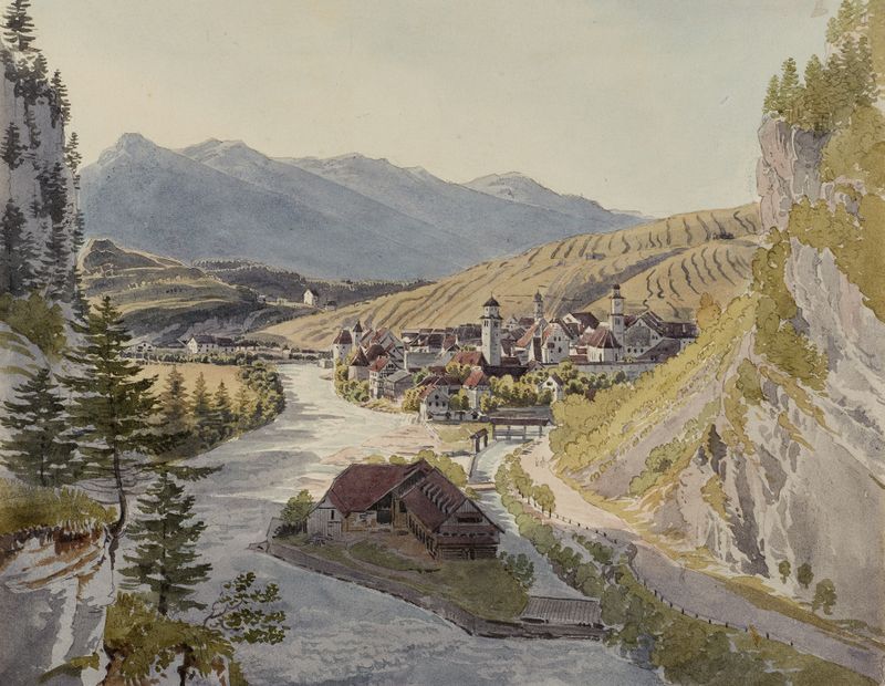 Feldkirch de Johann Jakob Meyer, pintura a óleo que retrata uma paisagem serena com tons terrosos.