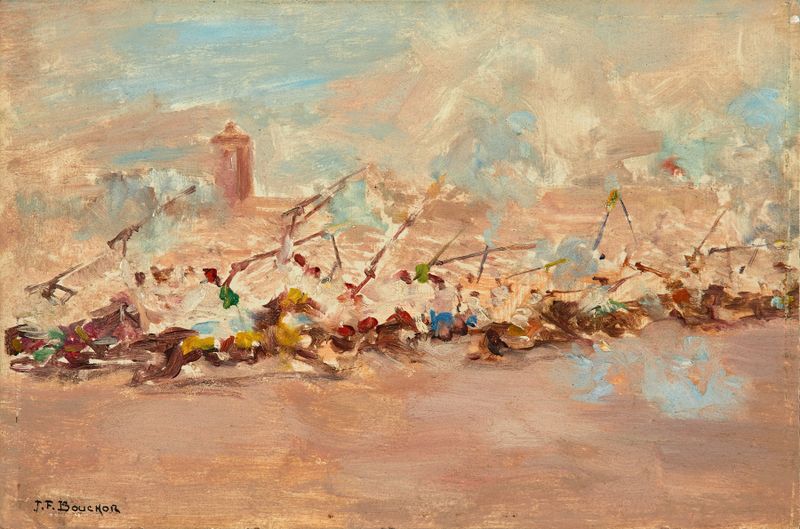 Fantasia devant les remparts, óleo sobre tela de Joseph Félix Bouchor retratando uma paisagem onírica com figuras.