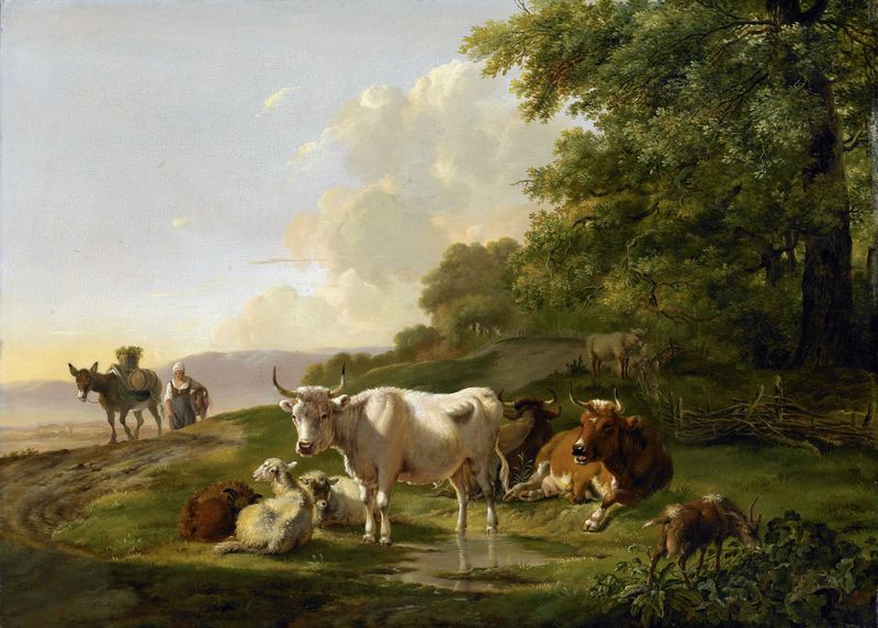 Landscape with Cattle by Pieter Gerardus van Os, oil painting depicting cattle grazing near a river.