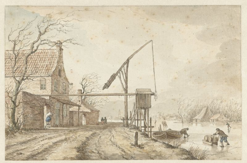 Winter landscape with houses and frozen waterway by Jacob Cats, oil painting