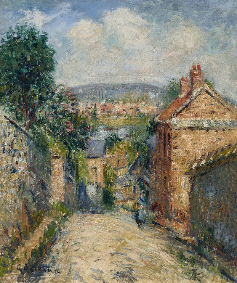 La rue Thuringe, Bonsecours, Rouen de Gustave Loiseau, óleo sobre tela que retrata uma vila ao entardecer.