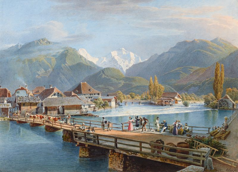 Oil painting by Gabriel Lory the Younger depicting Unterseen and the Jungfrau mountain.
