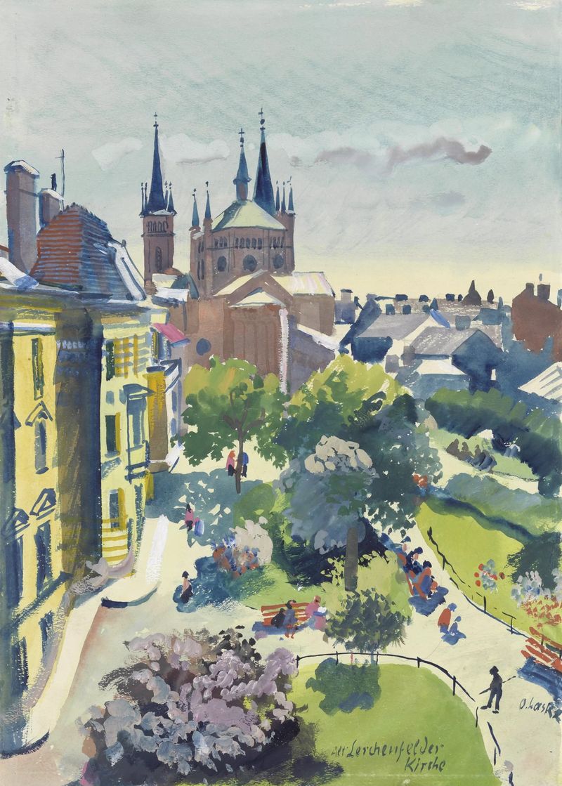 Pintura a óleo de Alt-Lerchenfelder-Kirche de Oskar Laske, com intrincada fachada da igreja e luz dourada.