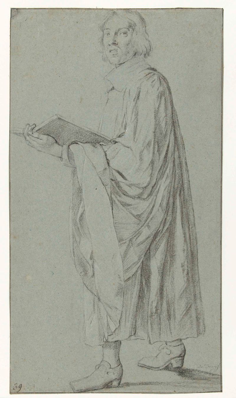 Figurative work on paper by Jan de Bray depicting a clergy figure in vibrant colors.