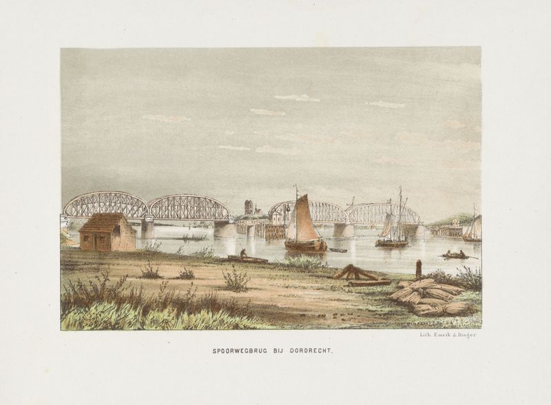 Spoorwegbrug bij Dordrecht by Emrik & Binger, realism, depicting an iron bridge against a cloudy sky