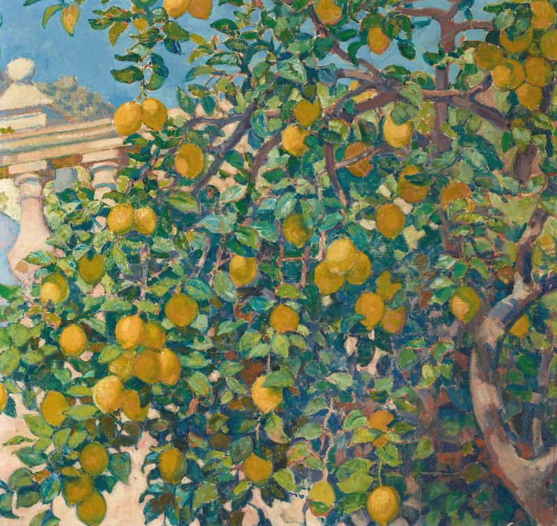 Lemons on branches in oil painting by Theo van Rysselberghe