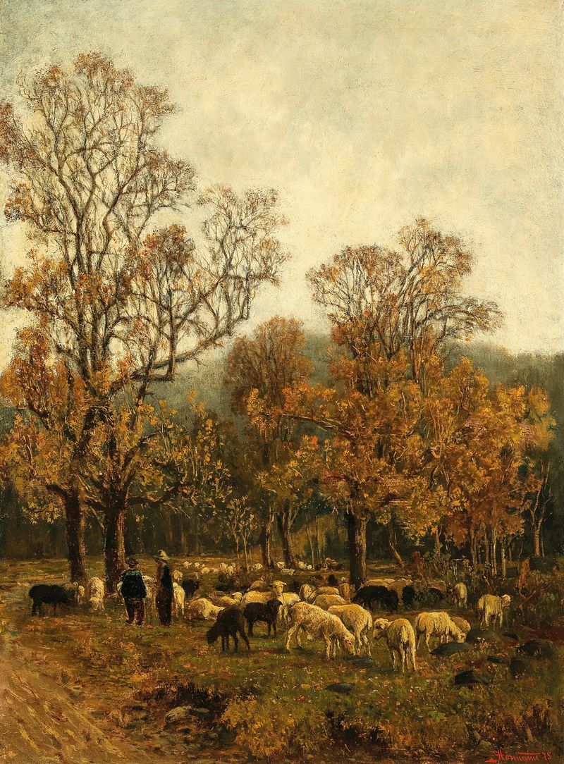 Paisaje con ovejas pastando en la hierba bajo un vasto cielo, pintura al óleo de Theodor Von Hörmann