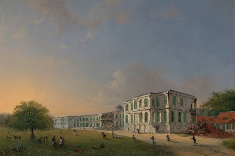 Front view of Buitenzorg Palace during the earthquake, oil on canvas by Willem Troost the younger