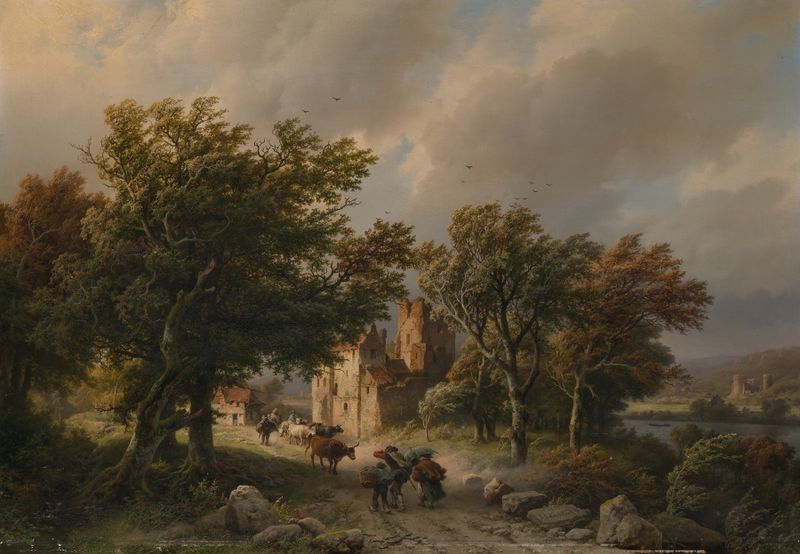 De rukwind de Barend Cornelis Koekkoek, pintura a óleo que retrata um céu tempestuoso sobre uma paisagem tranquila.