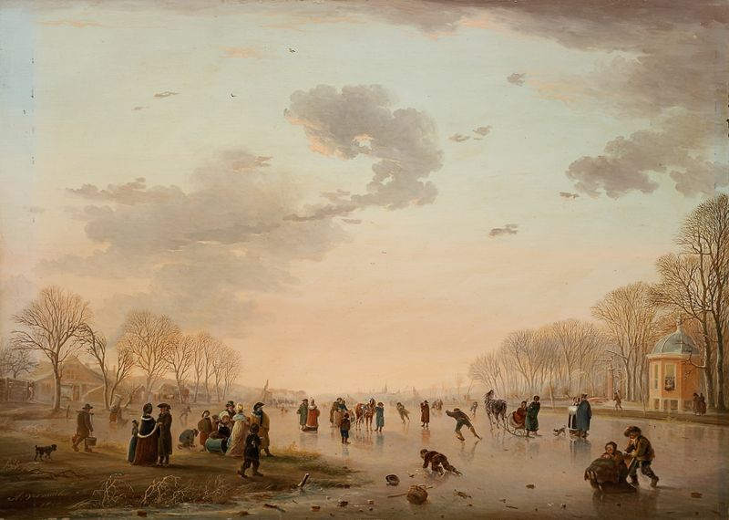 Winter landscape with ice skaters on a river, oil painting by Andries Vermeulen