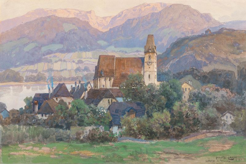 Landscape view of Spitz in the Wachau valley by Fritz Lach, oil painting