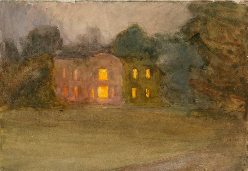 Escena interior de una casa por la noche, pintura al óleo de Clare Marsh