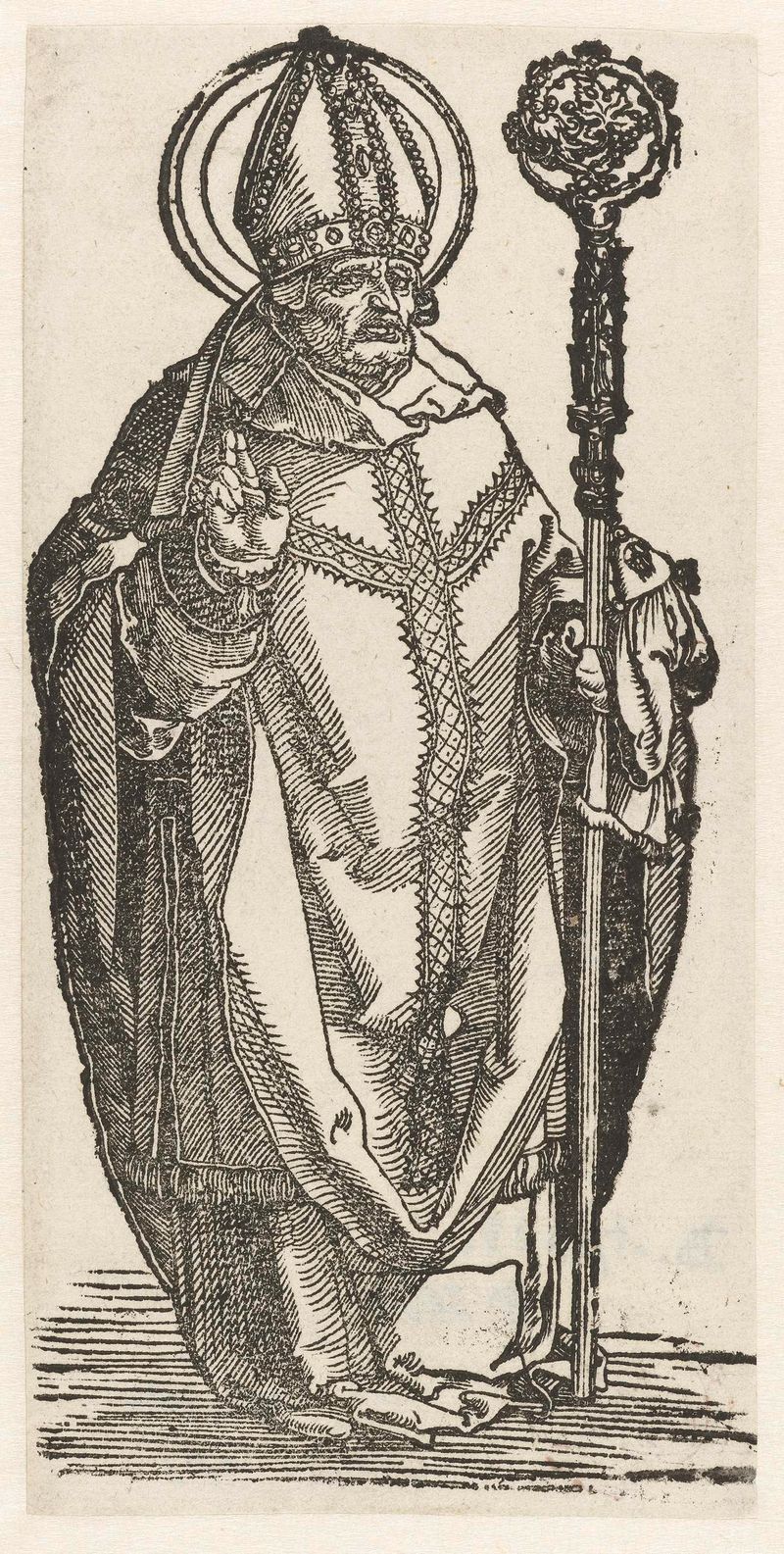 Heilige Arnulf de Albrecht Dürer, obra en papel que representa a un santo con una capa carmesí.