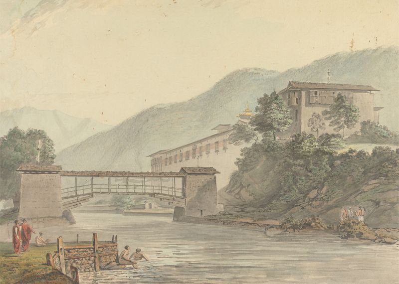 Paisaje de la fortaleza Tashichoedzong y el puente, por Samuel Davis, pintura al óleo