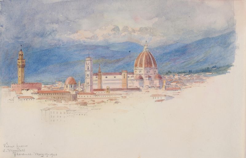Pintura al óleo de George Elbert Burr que muestra Florencia al amanecer con luz cálida.