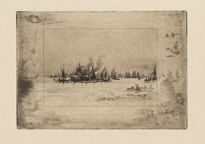 Port with Seagulls by Félix Hilaire Buhot, impressionism, depicting seagulls over a tranquil port.