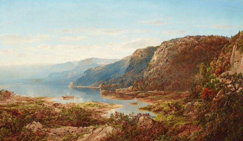 On the Upper Hudson by William Louis Sonntag, oil painting depicting a river and a boat.