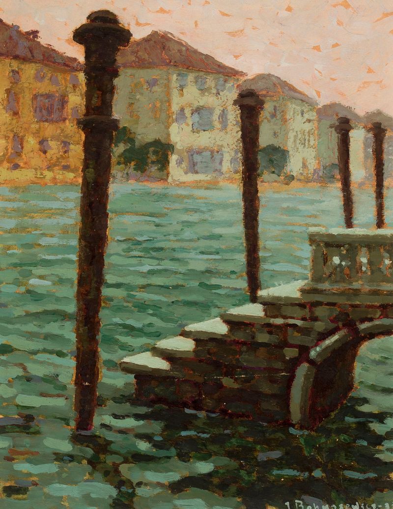 Paisaje impresionista de Jan Bohuszewicz que representa un canal en Venecia al atardecer